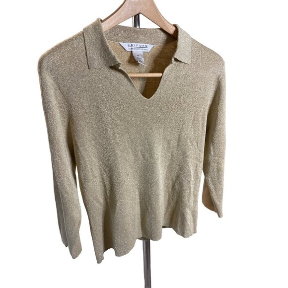Vintage 90s John Paul Richard Gold Metallic Collared Pullover Silk Blend Top - Picture 3 of 9
